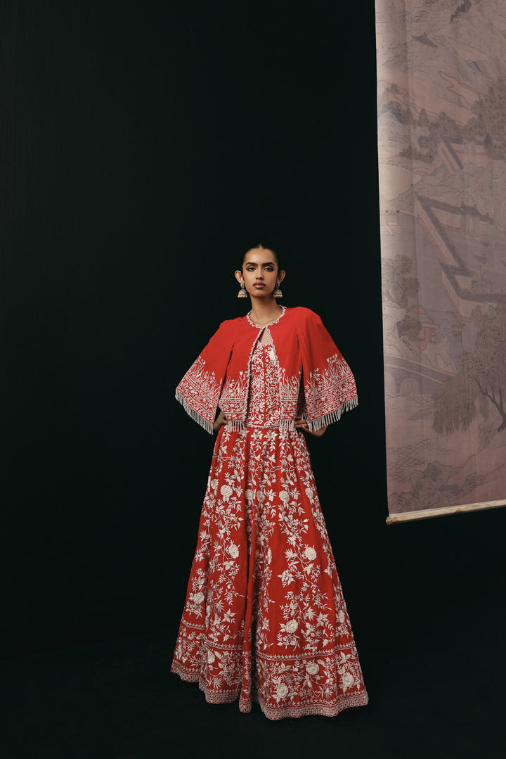 Red Parsi Gaara Lehenga with Cape Jacket and Corset