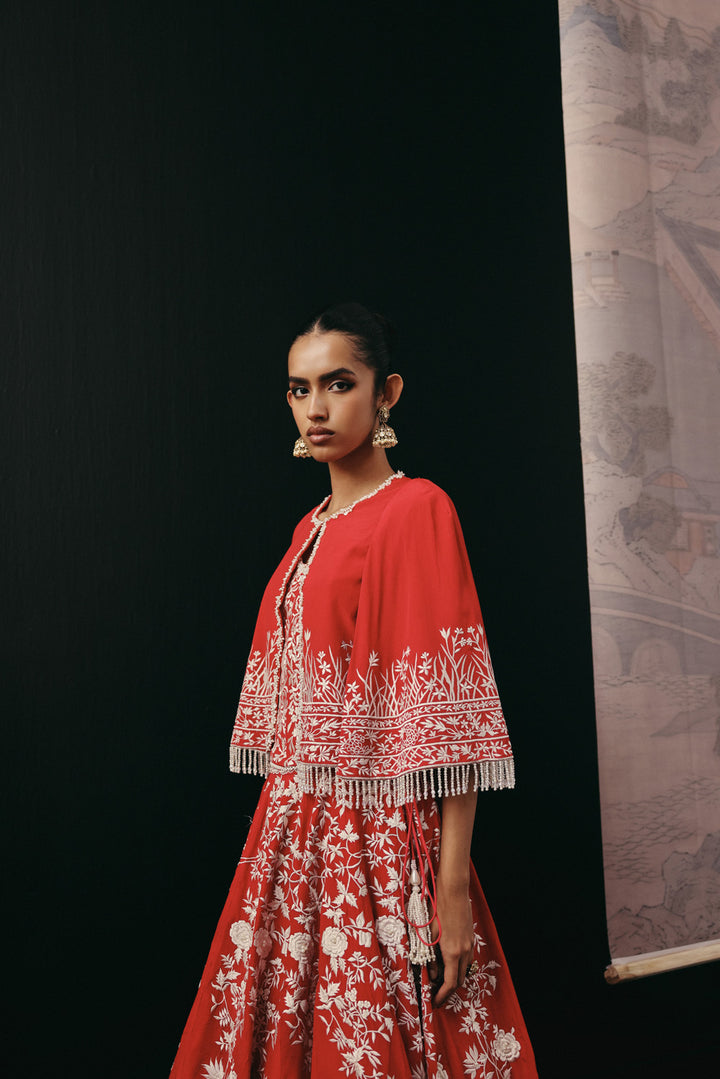 Red Parsi Gaara Lehenga with Cape Jacket and Corset