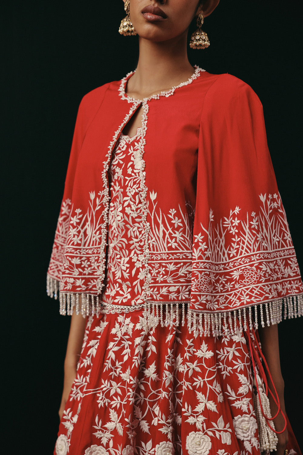 Red Parsi Gaara Lehenga with Cape Jacket and Corset