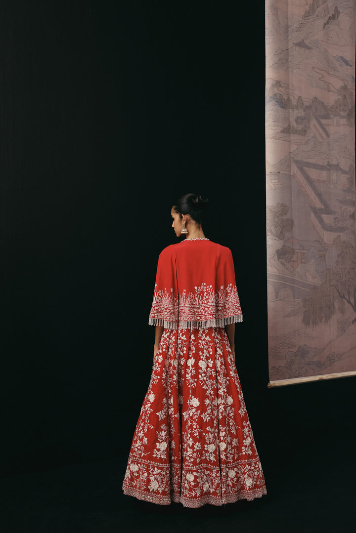 Red Parsi Gaara Lehenga with Cape Jacket and Corset