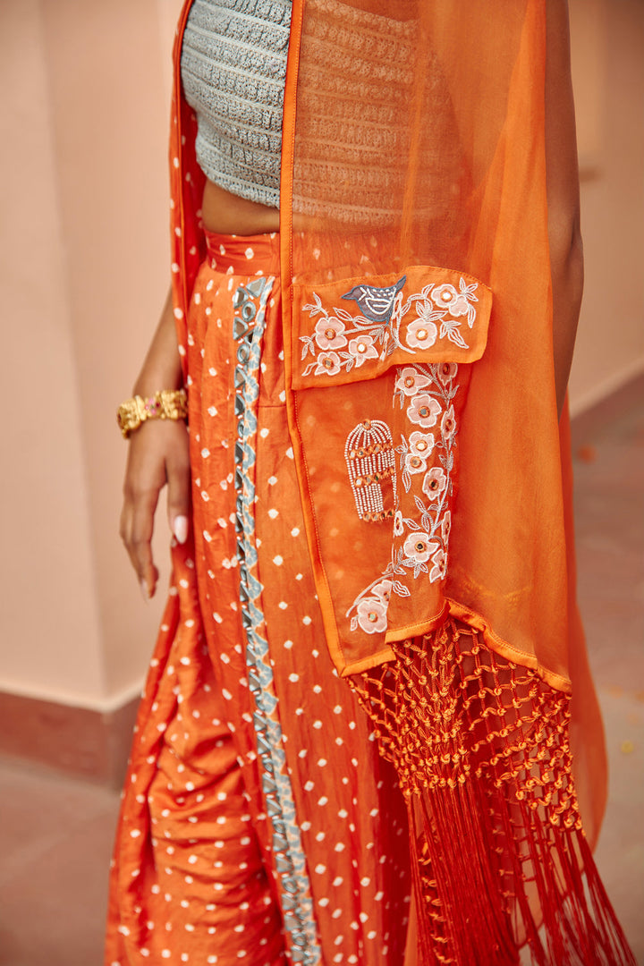 Bandhani Pakistani Dhoti with Mirrorwork Edges and Lace Bustier.