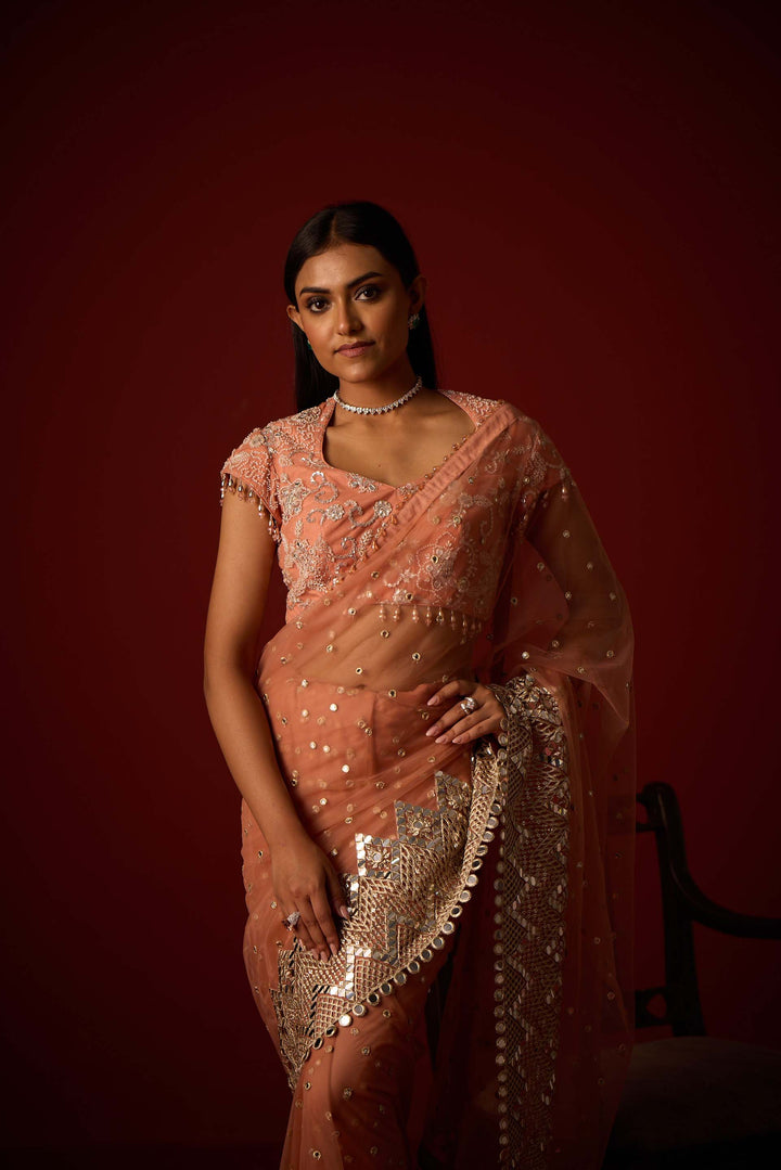 Net Mirrorwork Embellished Saree With Mirrorwork Beadwork Blouse