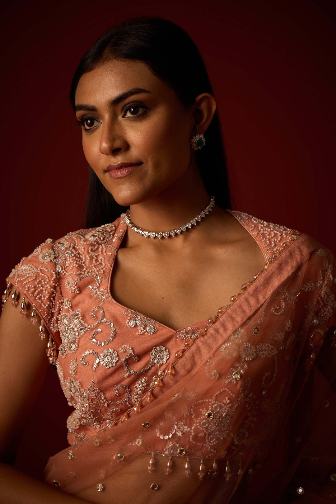 Net Mirrorwork Embellished Saree With Mirrorwork Beadwork Blouse