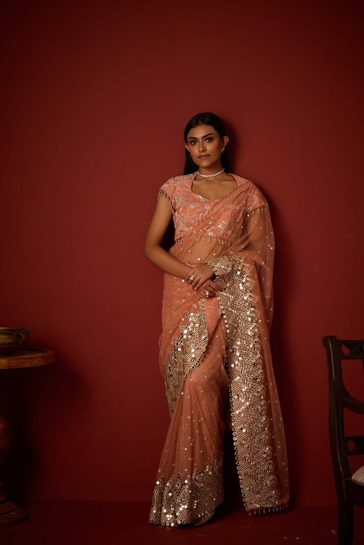 Net Mirrorwork Embellished Saree With Mirrorwork Beadwork Blouse