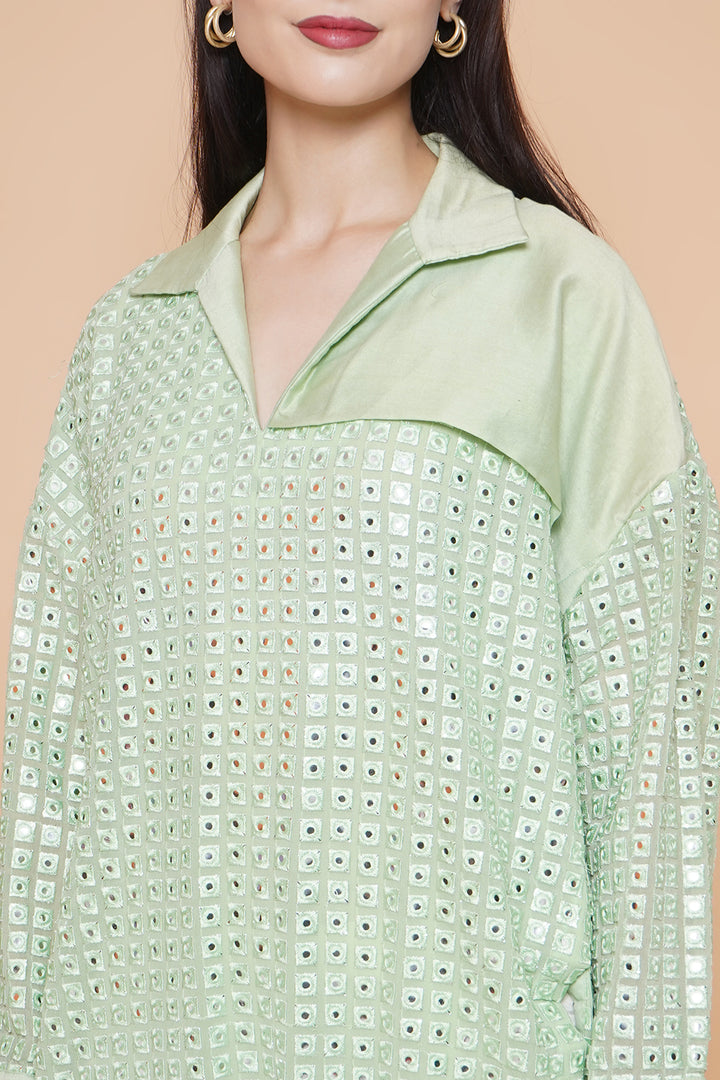 Mirrorwork Panel Shirt with Pocket Bottle Green