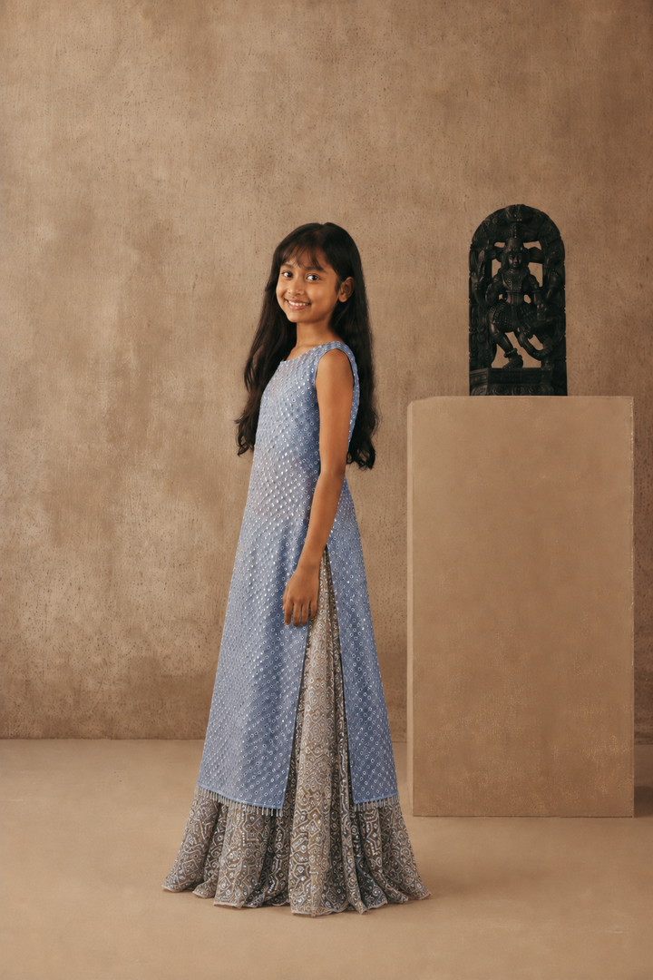 Slip On Jacket With Mirrorwork Blouse And Sharara Lehenga