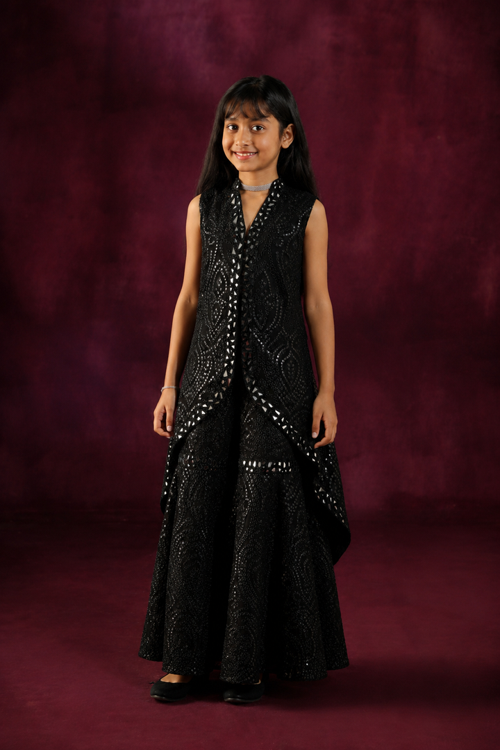 Black Floral Mirrorwork Long Asym Jacket with Embellished Shararas