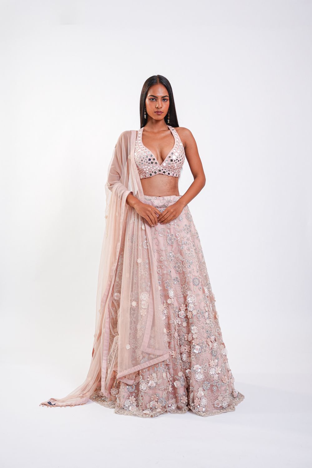 MIRRORWORK SKIRT WITH 3D FLOWERS ALONG WITH BRALETTE AND DUPATTA