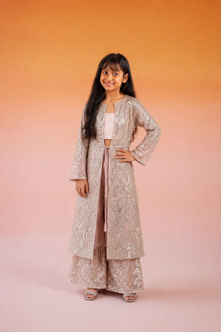 Long V Neck Tassel Jacket with Bandeau and Georgette Plazzos