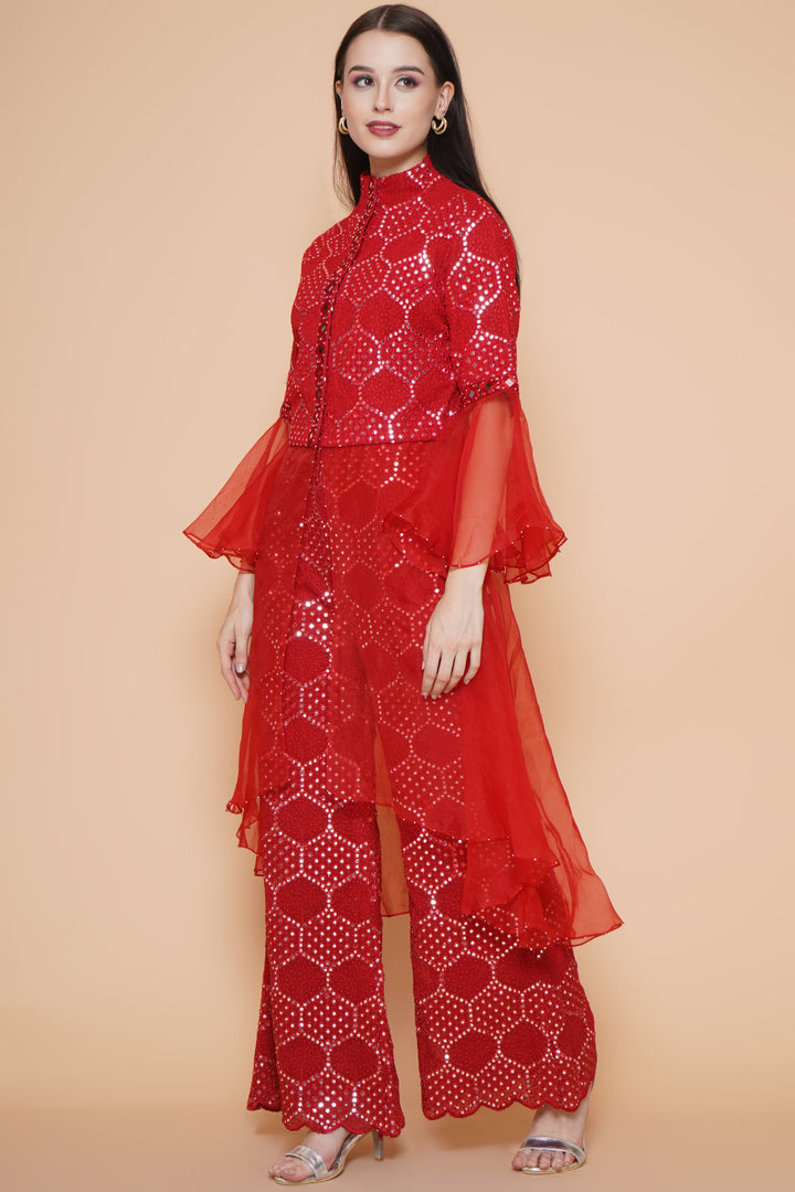Mirrorwork Asym Flared Tunic With Scallop Pant Set