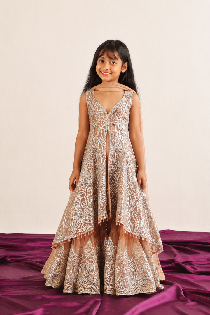 Long Asym Sleeveless Sherwani with Flared Shararas and Applique Dupatta