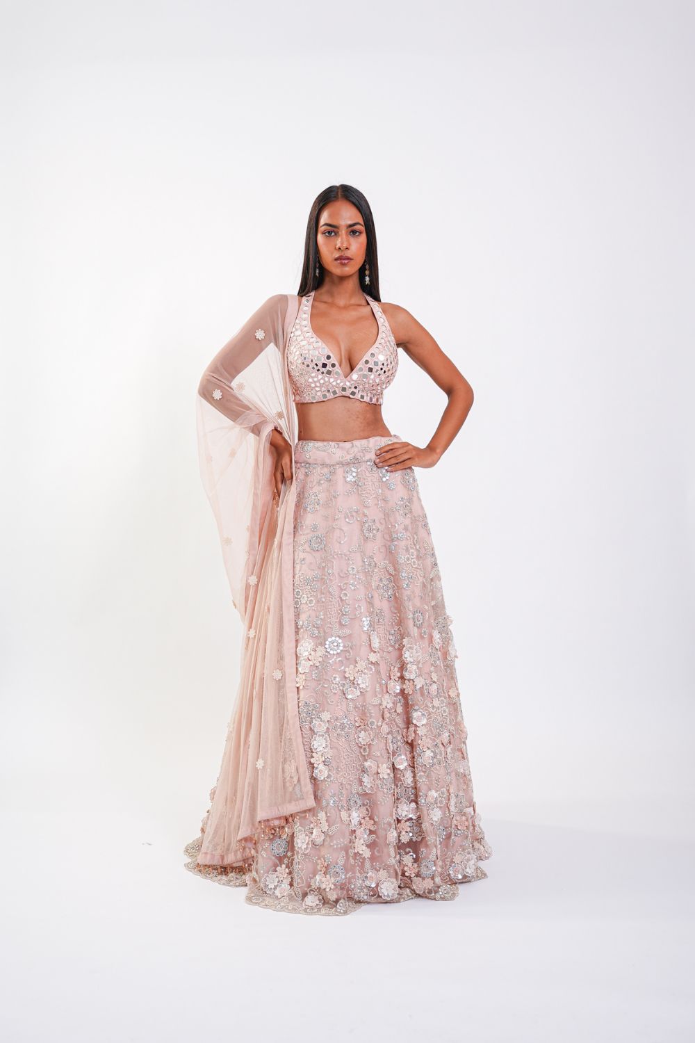 MIRRORWORK SKIRT WITH 3D FLOWERS ALONG WITH BRALETTE AND DUPATTA