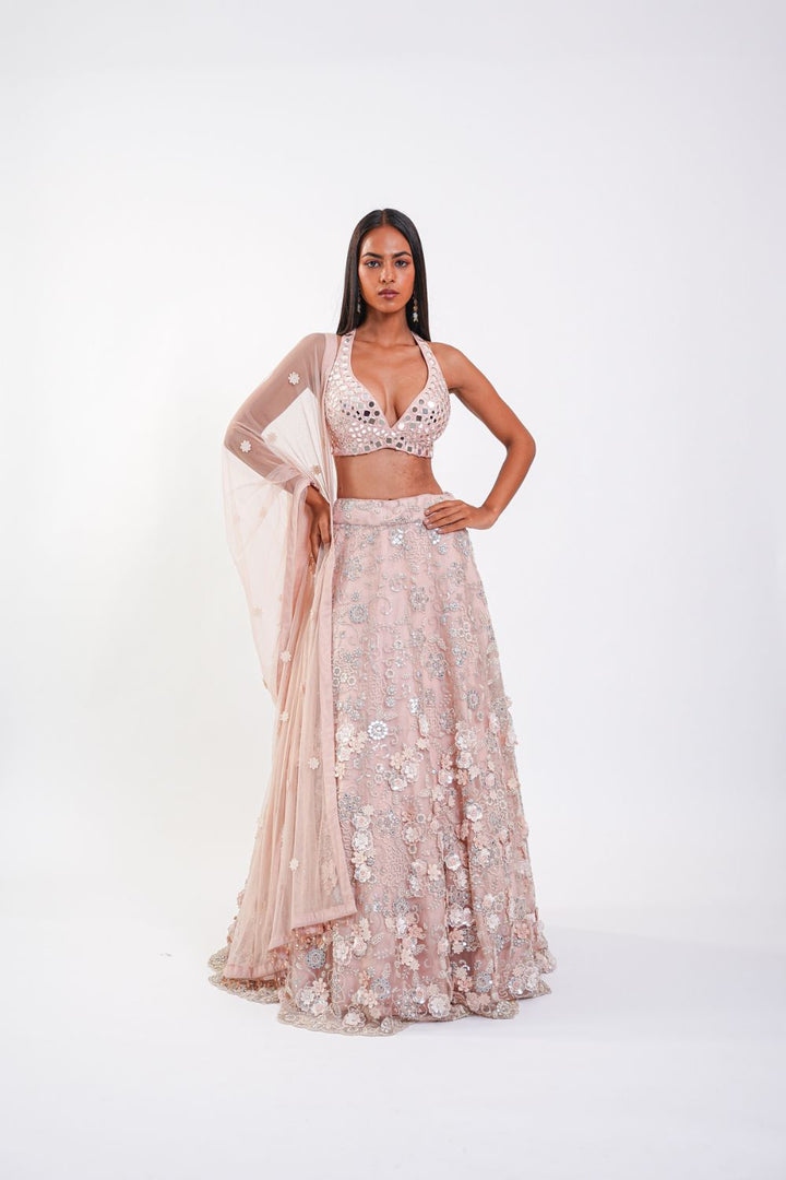 MIRRORWORK SKIRT WITH 3D FLOWERS ALONG WITH BRALETTE AND DUPATTA