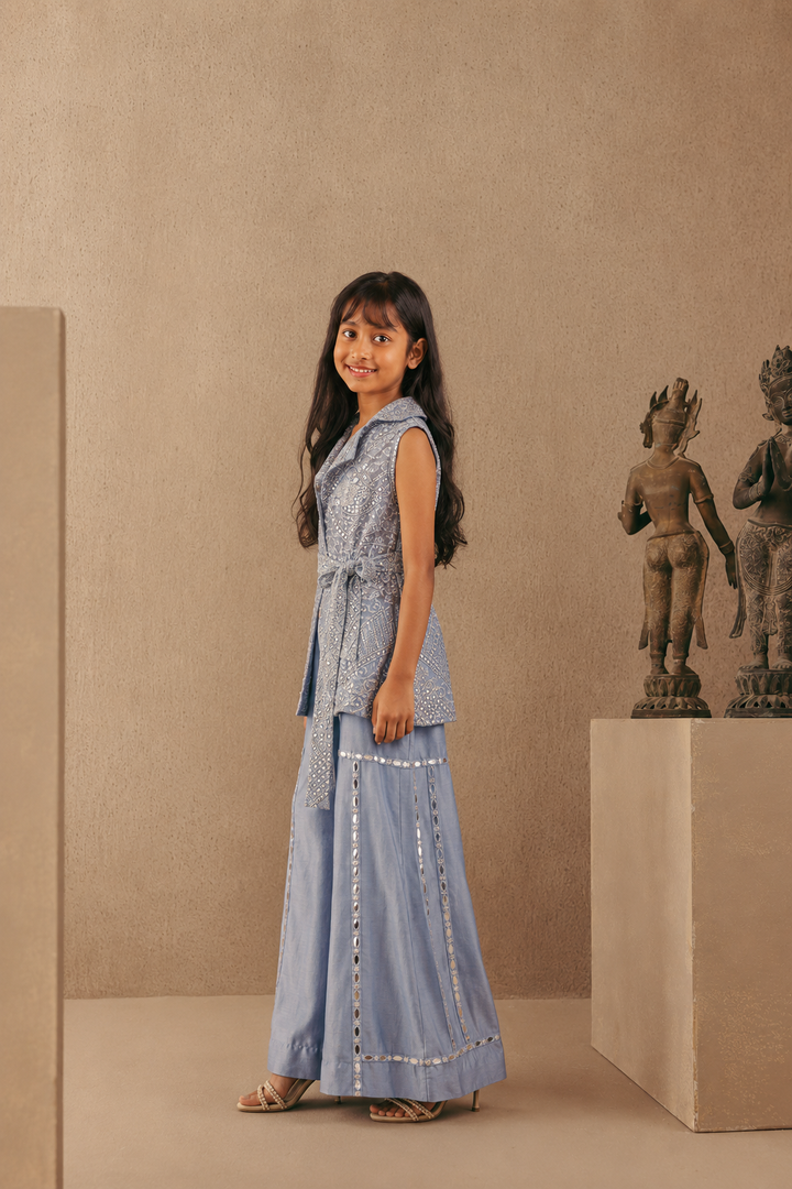 Mirrorwork Sleeveless Short Blazer with Flared Pants