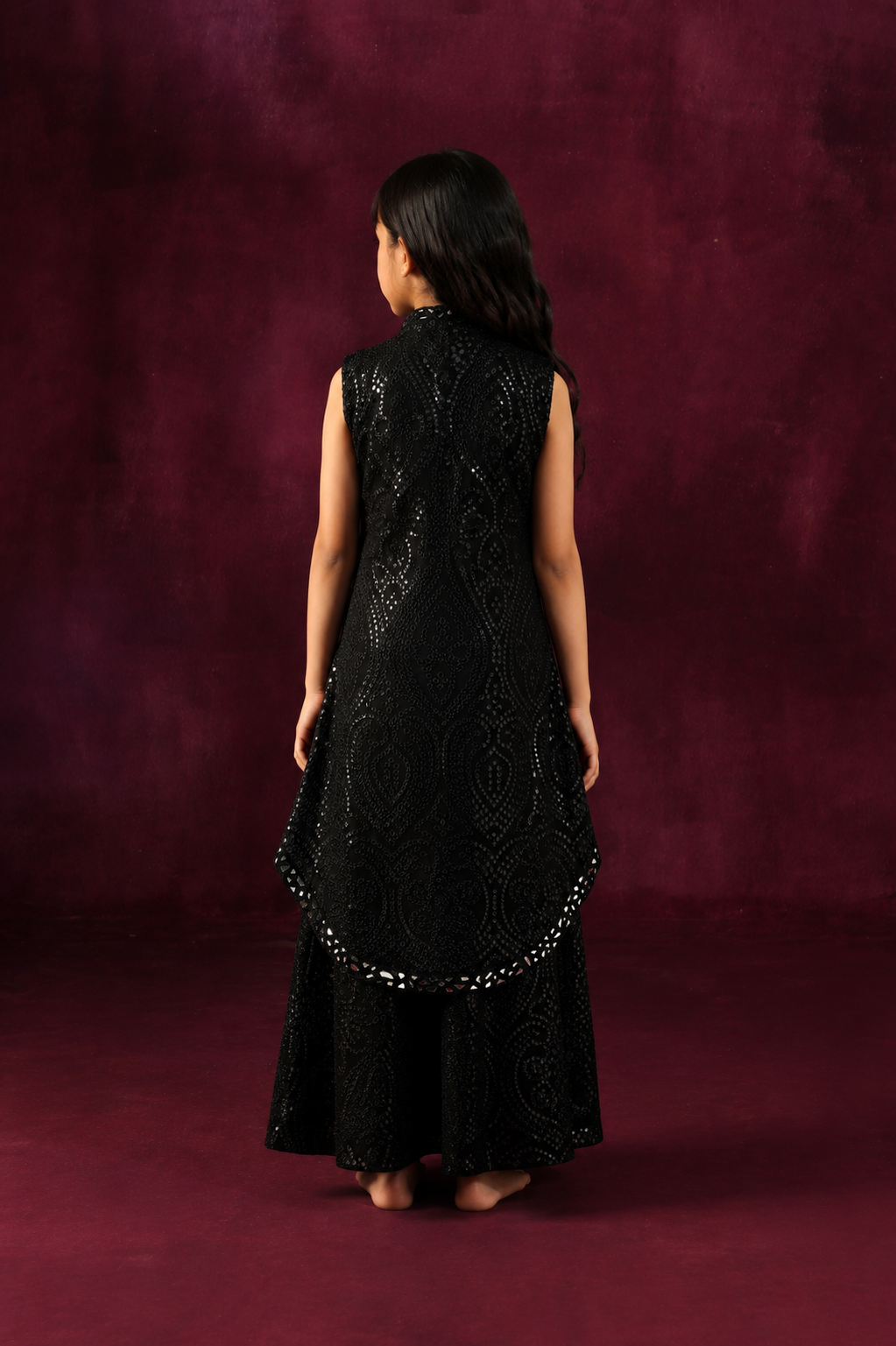 Black Floral Mirrorwork Long Asym Jacket with Embellished Shararas