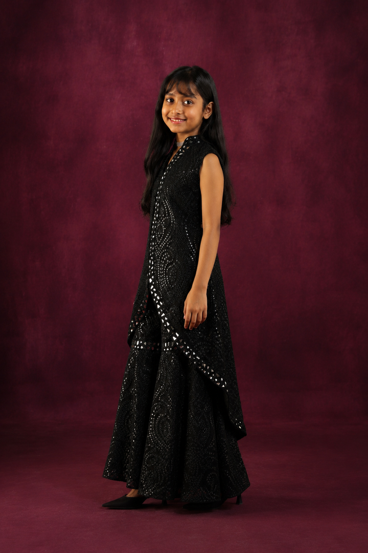 Black Floral Mirrorwork Long Asym Jacket with Embellished Shararas
