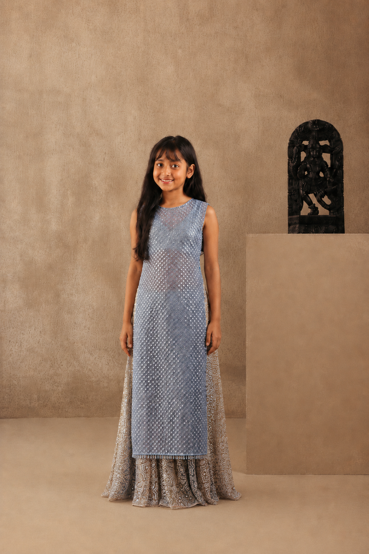 Slip On Jacket With Mirrorwork Blouse And Sharara Lehenga