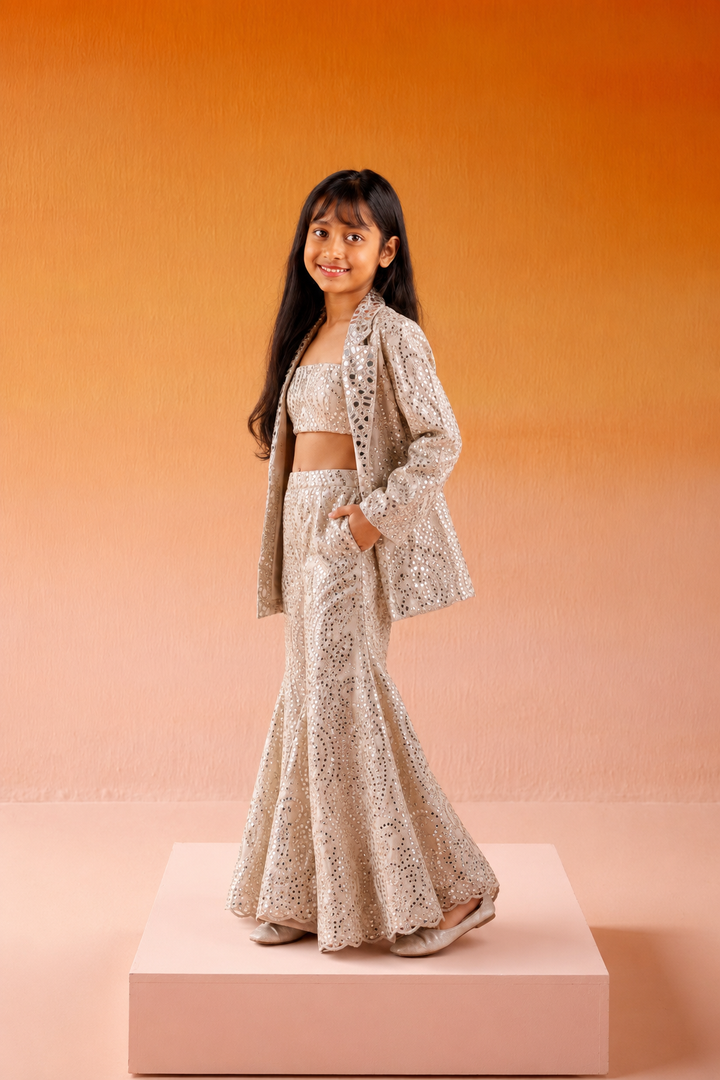 Mirrorwork Scallop Coat Jacket with Bandeau and Shararas