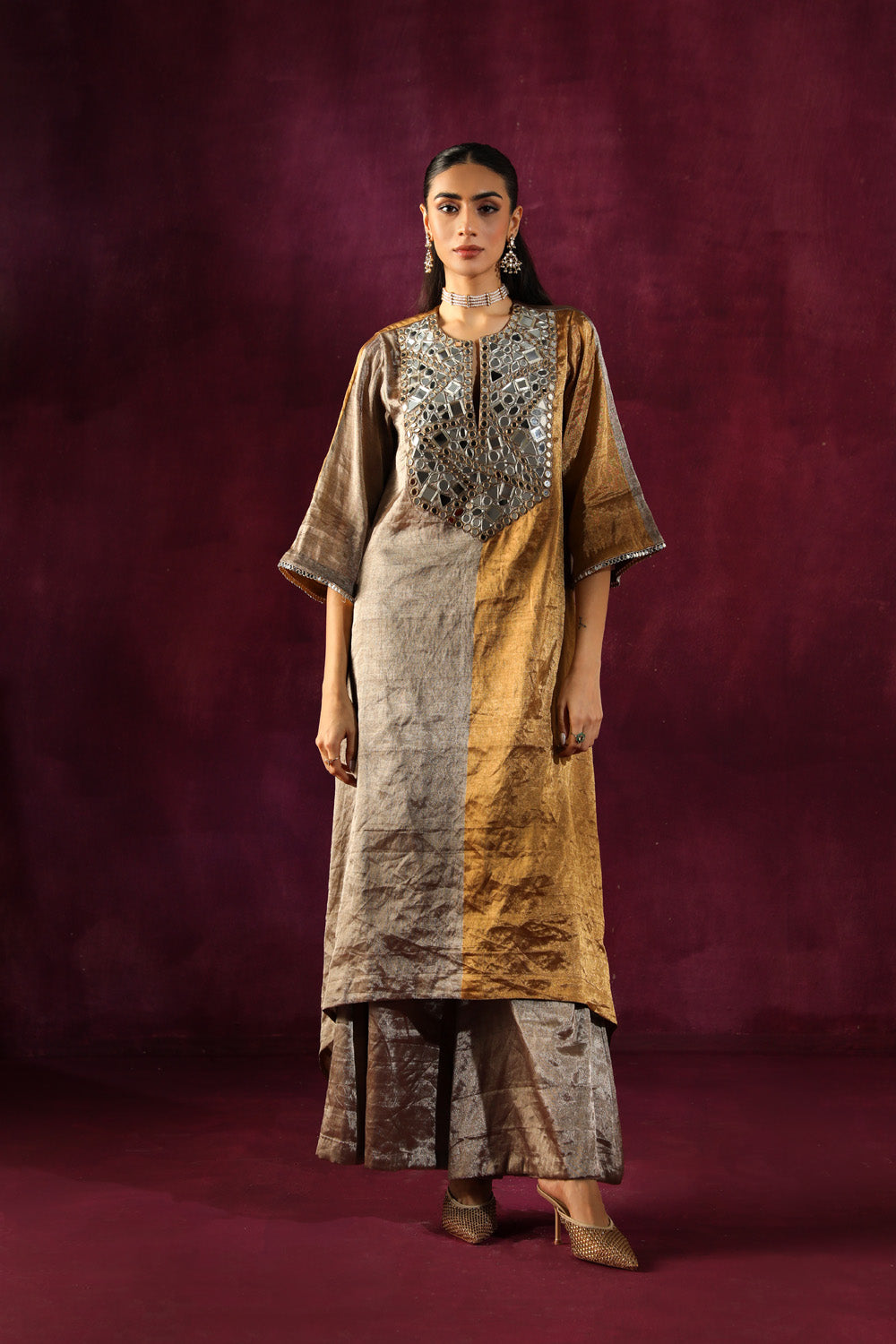 Mirror Embellished Tissue Asym Kurta & Bell Bottoms Set