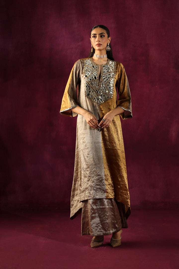 Mirror Embellished Tissue Asym Kurta & Bell Bottoms Set