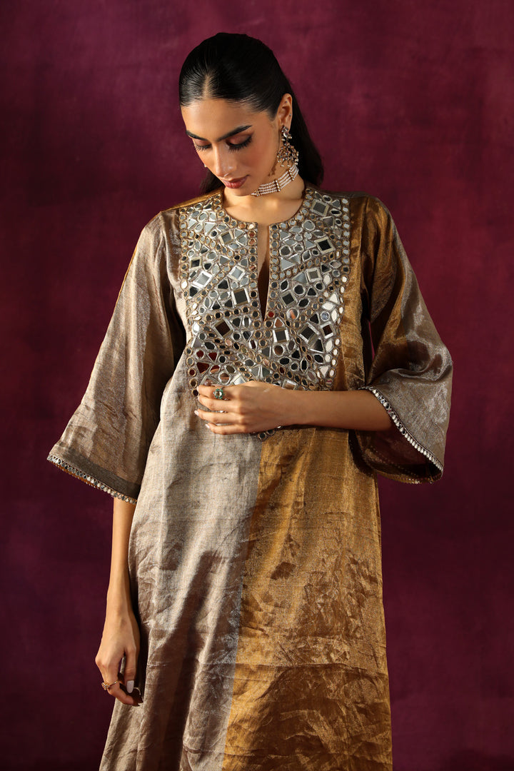 Mirror Embellished Tissue Asym Kurta & Bell Bottoms Set