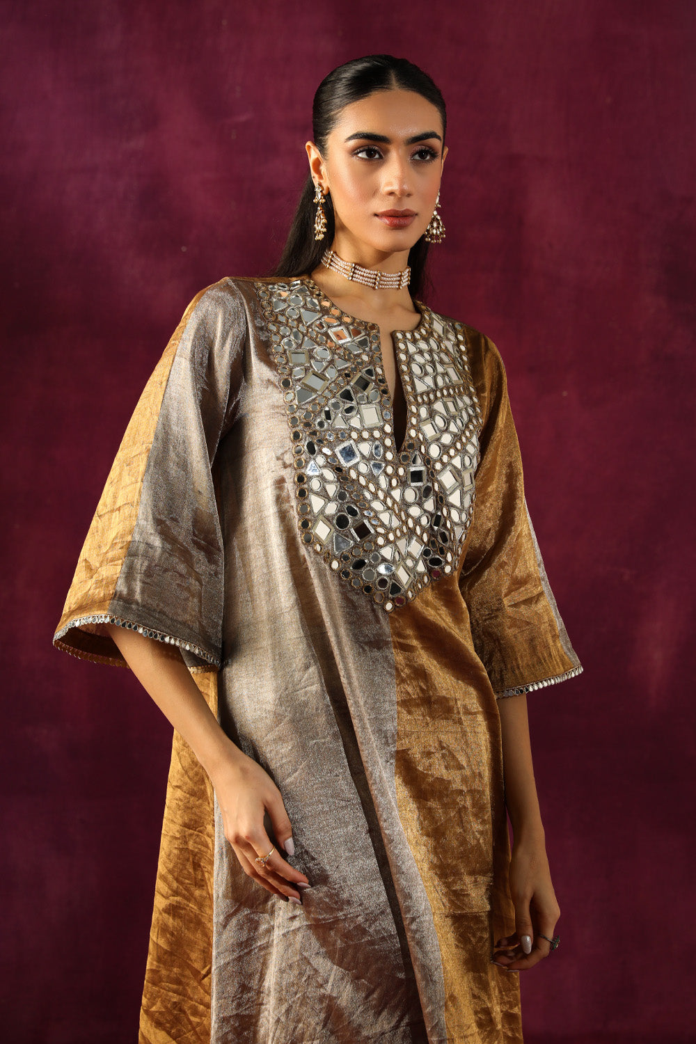 Mirror Embellished Tissue Asym Kurta & Bell Bottoms Set