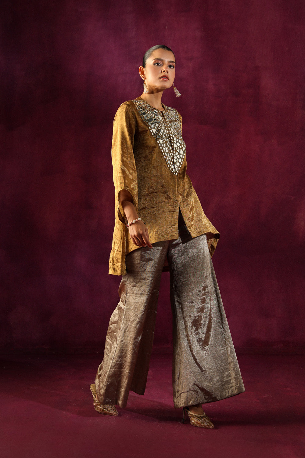 Mirror Embellished Tissue Jacket & Bell Bottoms Set