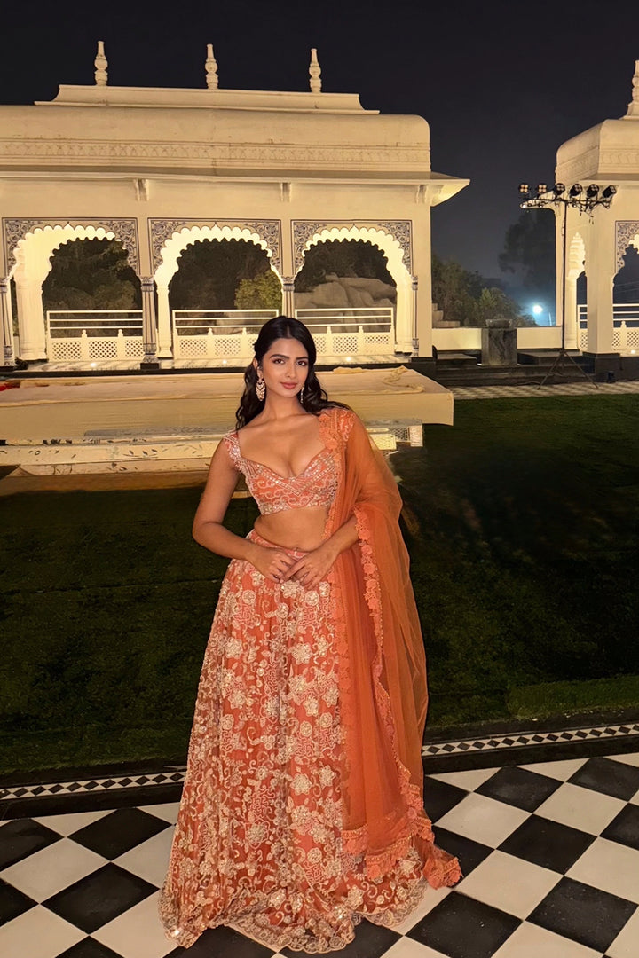 Shruti Chauhan in our  Rust Beaded Blossom Lehenga Set