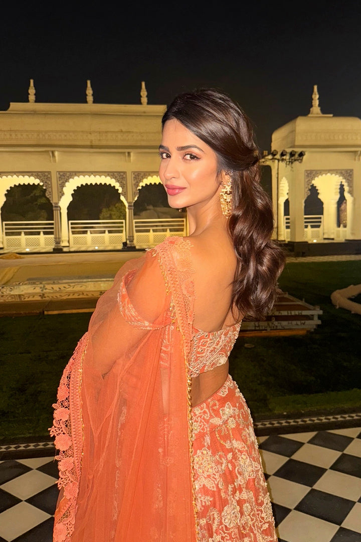 Shruti Chauhan in our  Rust Beaded Blossom Lehenga Set