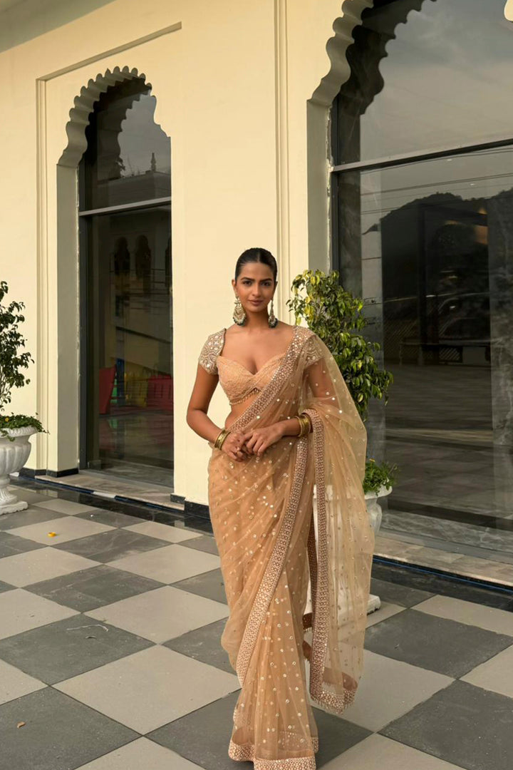 Shruti Chauhan in our Net Mirrorwork Embellished Saree With Mirrorwork Beadwork Blouse