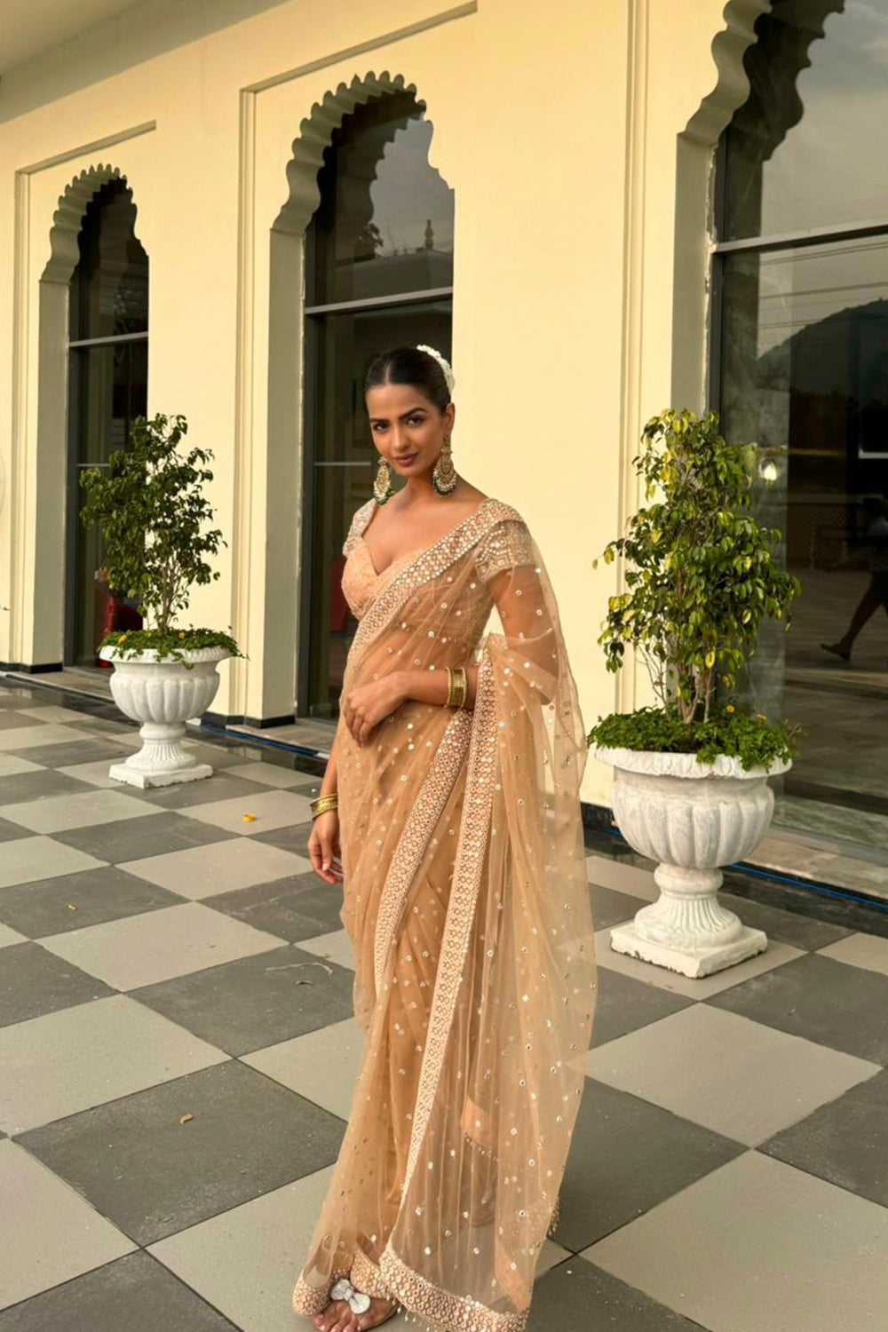 Shruti Chauhan in our Net Mirrorwork Embellished Saree With Mirrorwork Beadwork Blouse