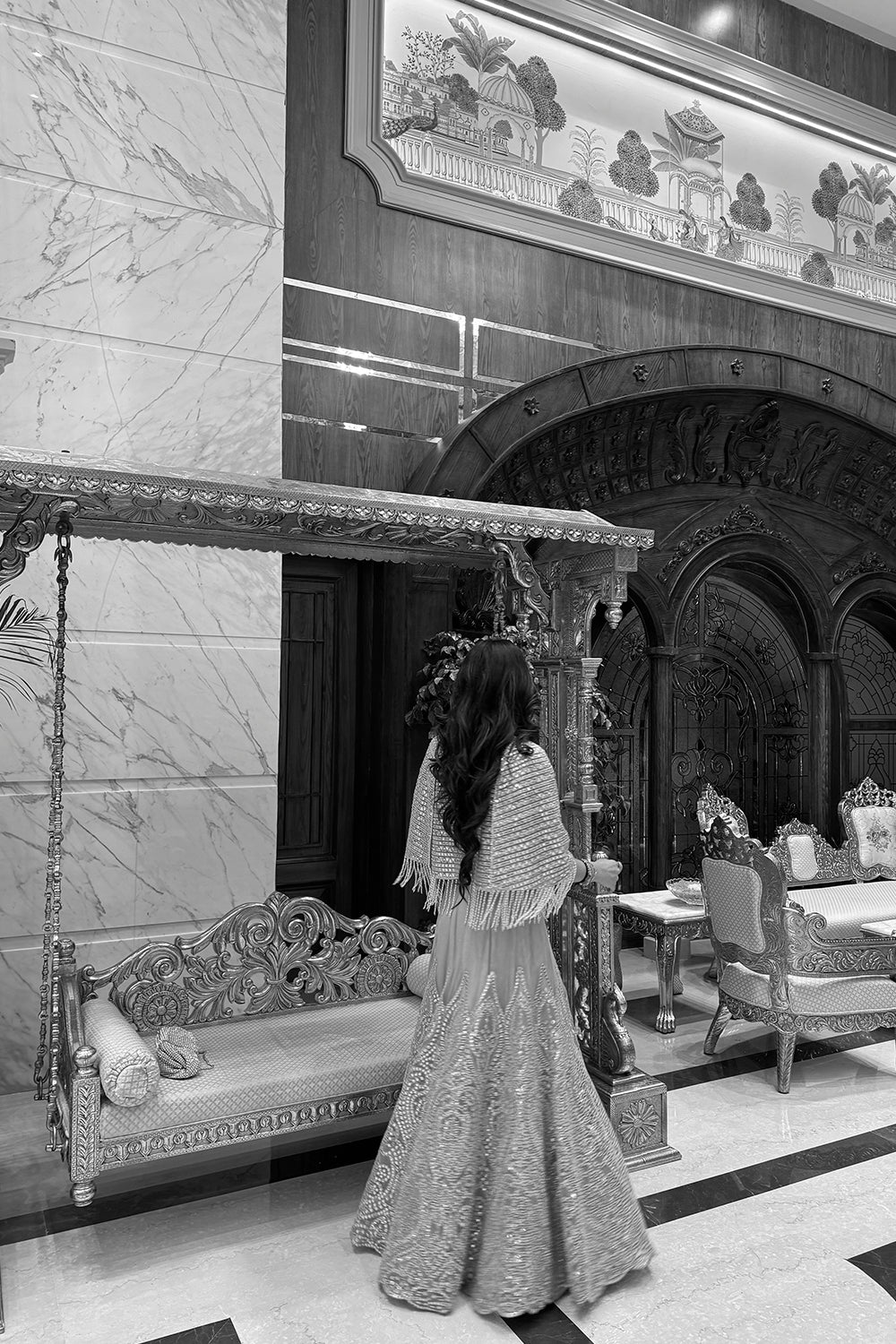 Komal Tanwar in our Silver Zari Mirrorwork Lehenga with Cape Sleeves Jacket and Bralette