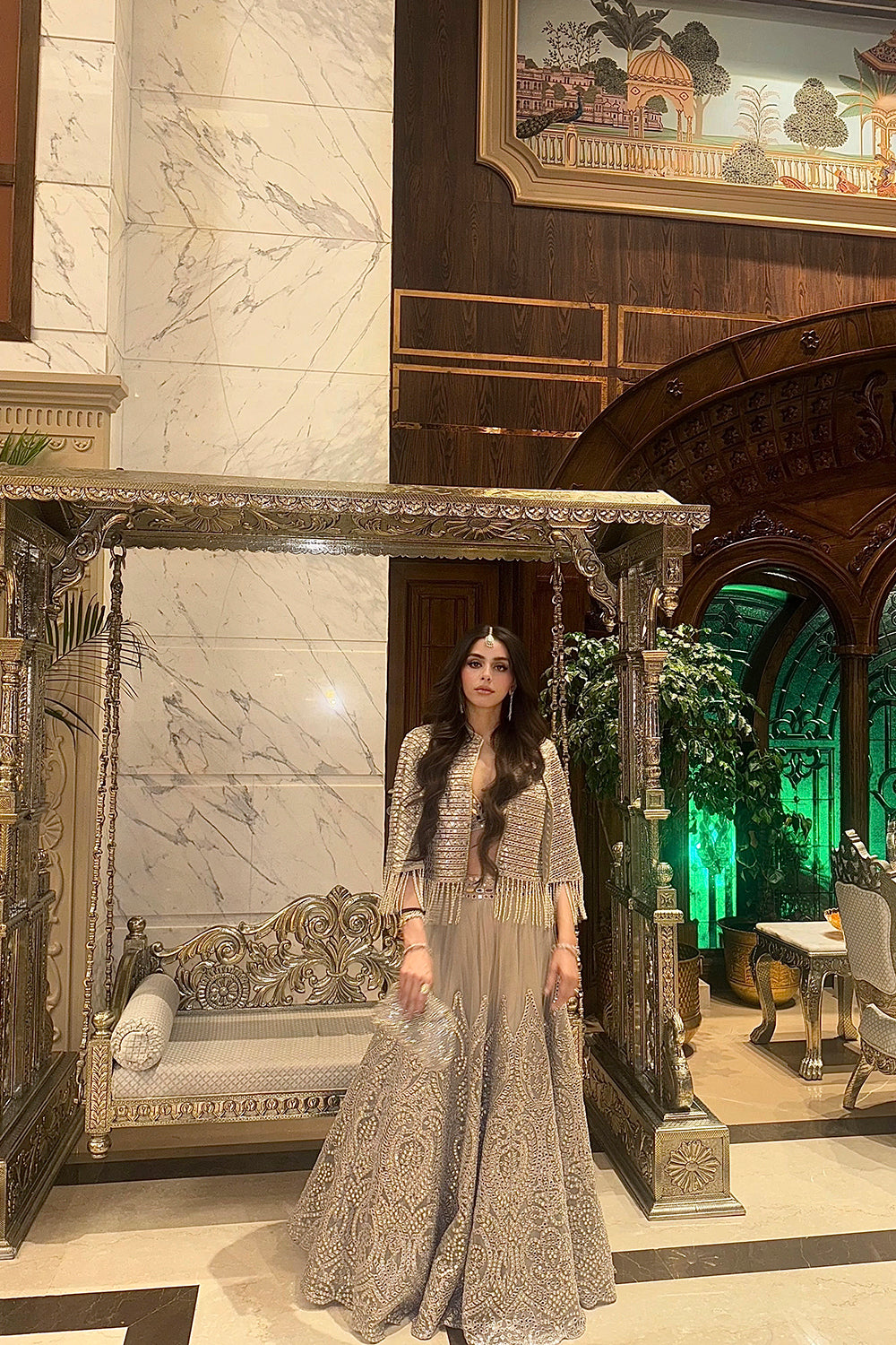 Komal Tanwar in our Silver Zari Mirrorwork Lehenga with Cape Sleeves Jacket and Bralette