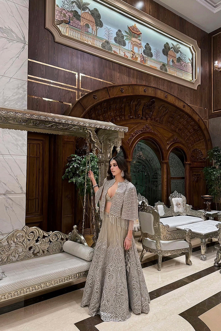 Komal Tanwar in our Silver Zari Mirrorwork Lehenga with Cape Sleeves Jacket and Bralette
