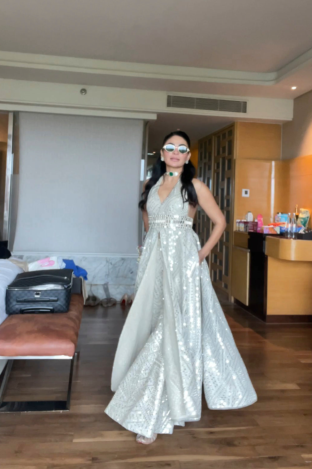 Neeru Bajwa in our Long Halter Neck Jacket Dress with Bootcut – 29india