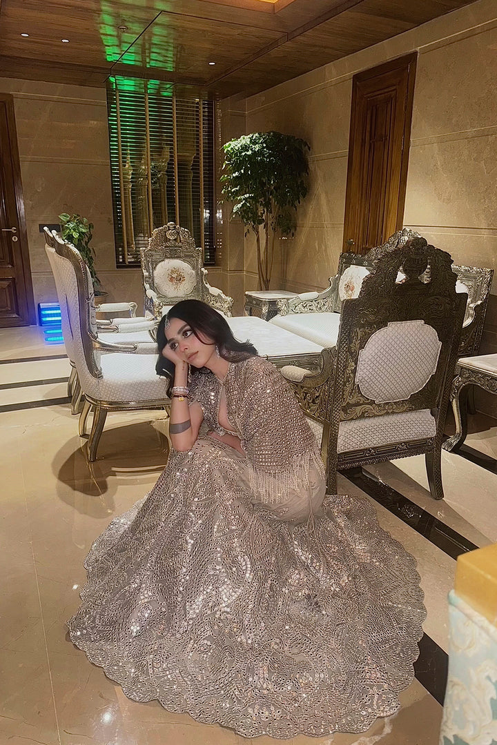 Komal Tanwar in our Silver Zari Mirrorwork Lehenga with Cape Sleeves Jacket and Bralette