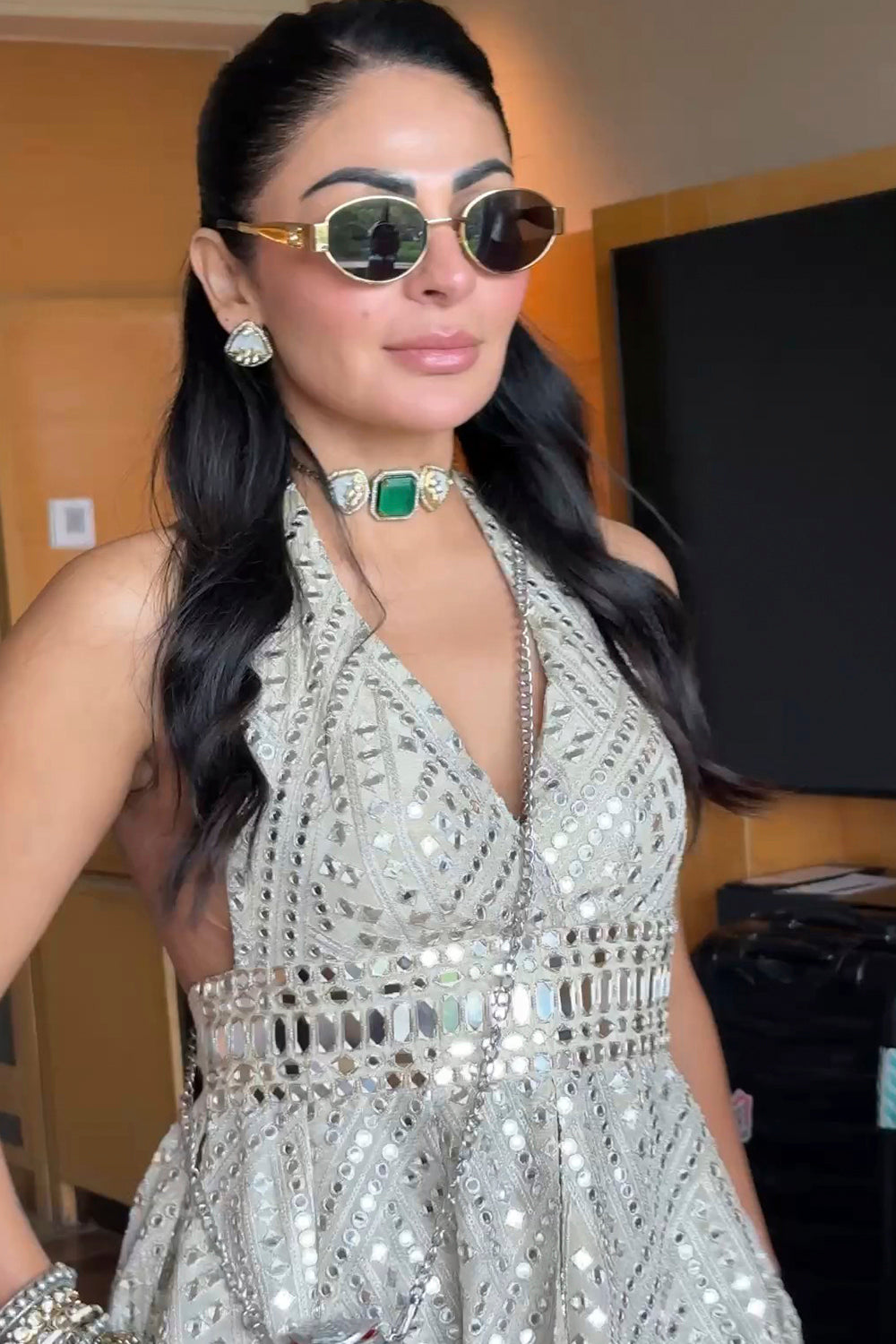 Neeru Bajwa in our Long Halter Neck Jacket Dress with Bootcut