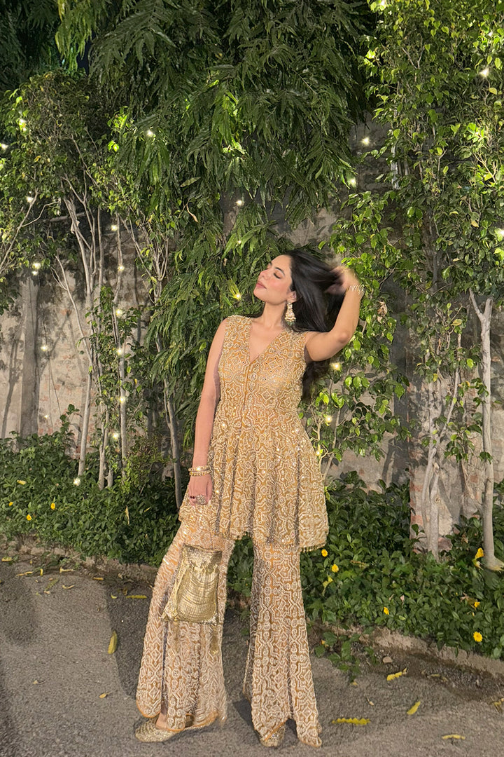 Sharvari Vohra in our Peplum Top With Slit At Back and Hexagon Bootcut Pants