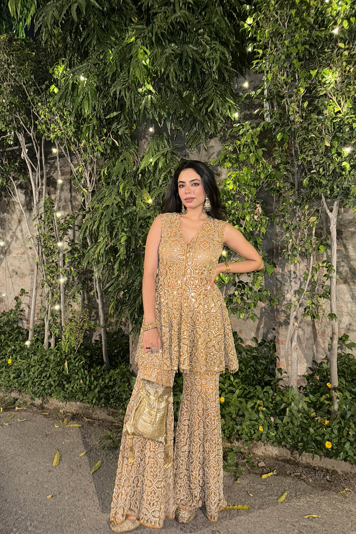 Sharvari Vohra in our Peplum Top With Slit At Back and Hexagon Bootcut Pants