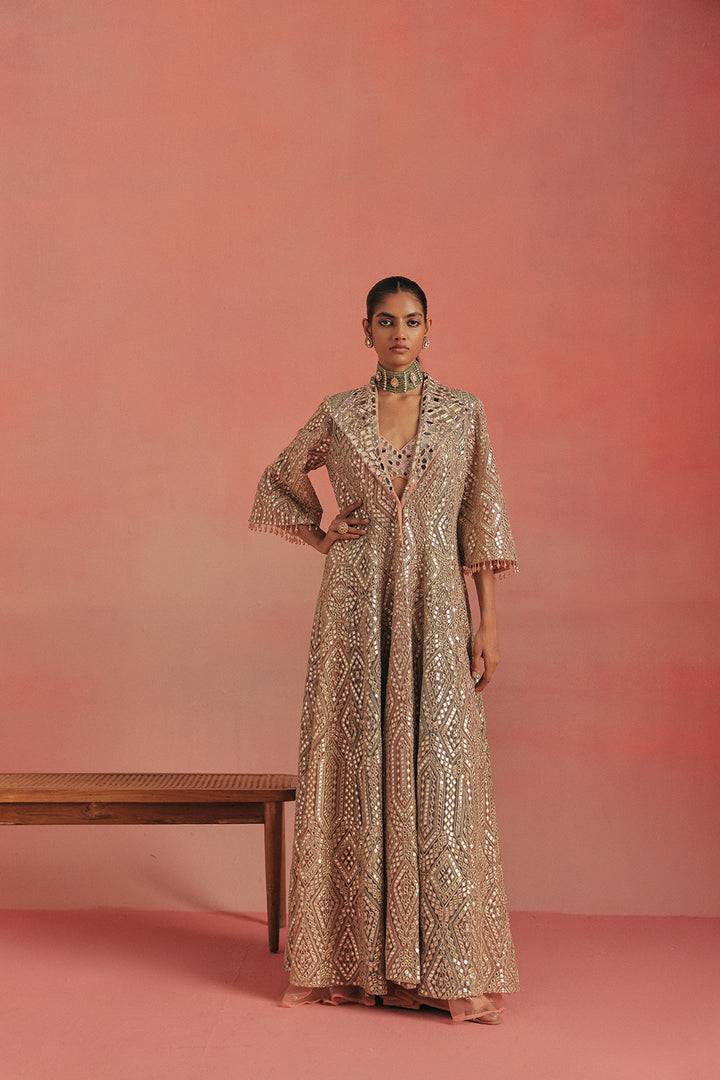 Mirrorwork Wing Collar Long Anarkali Jacket