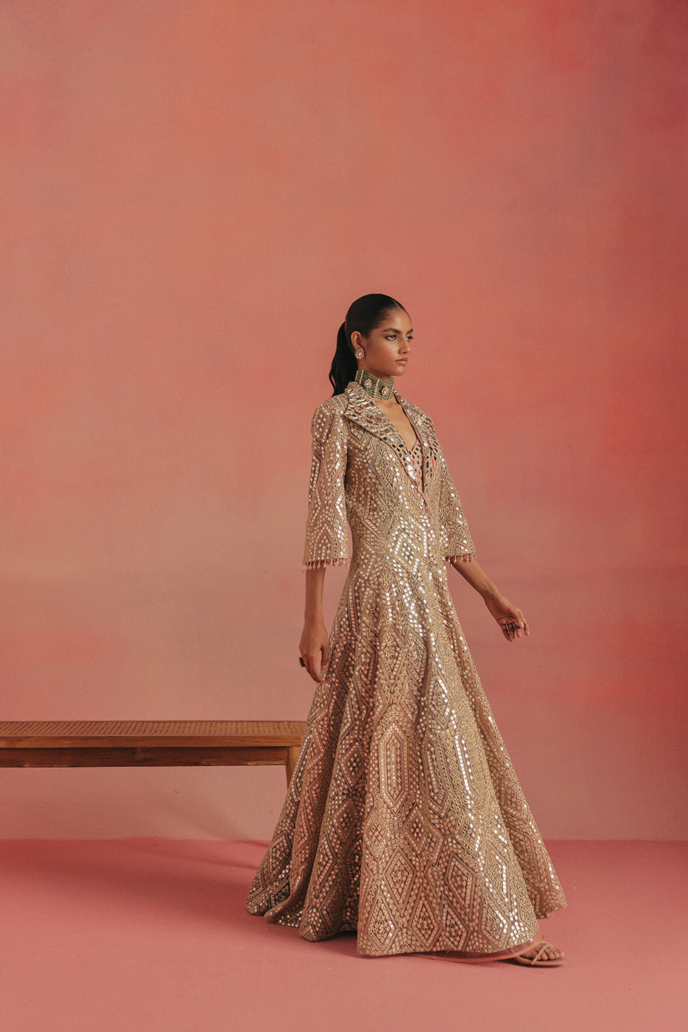 Mirrorwork Wing Collar Long Anarkali Jacket