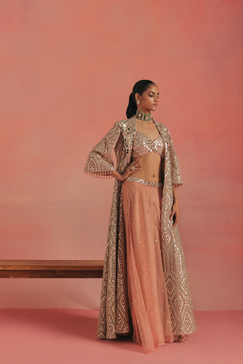 Mirrorwork Wing Collar Long Anarkali Jacket
