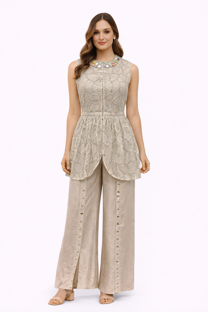 peplum top in mirrorwork  and Embellished Linen Satin  Pants