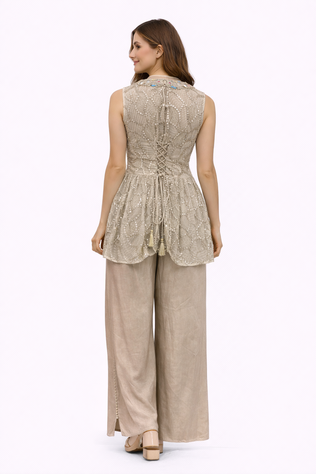 peplum top in mirrorwork  and Embellished Linen Satin  Pants