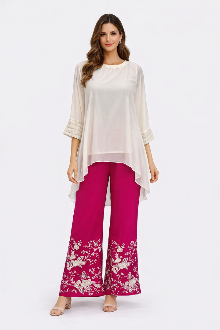 Asymmetric georgette top with Parsi gara Palazzos