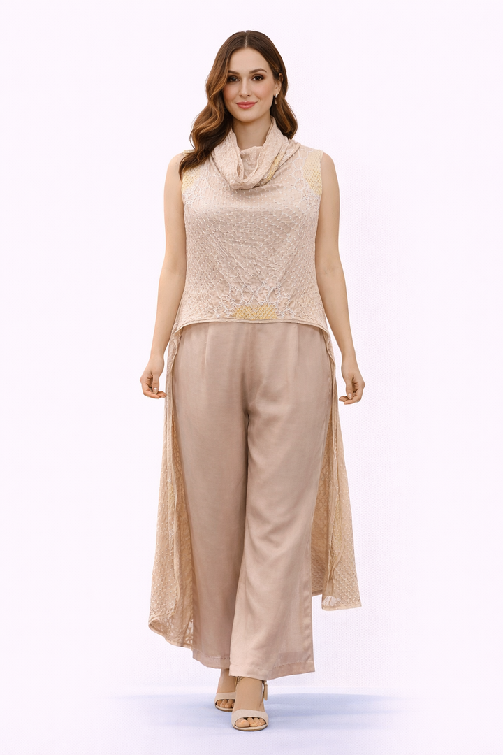 Bandhani Long and Short Top with flared twill pants
