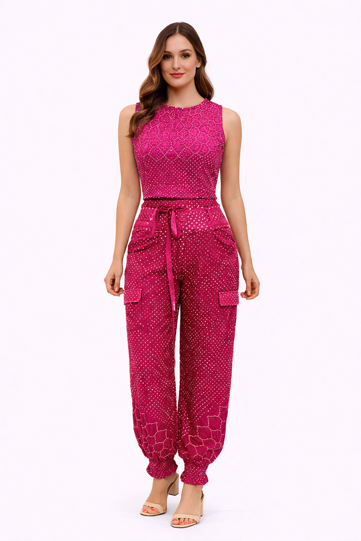 Round neck bandhani top with Boho Dhoti pants