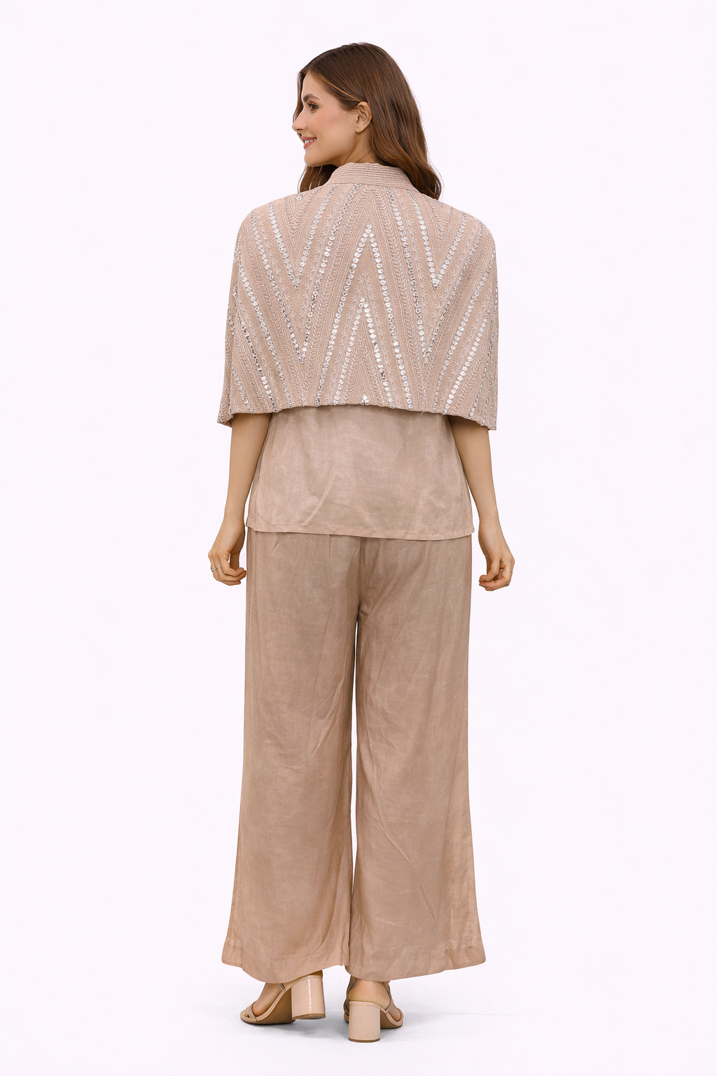 Blush Pink Mirrorwork Cape with Linen Satin Pants