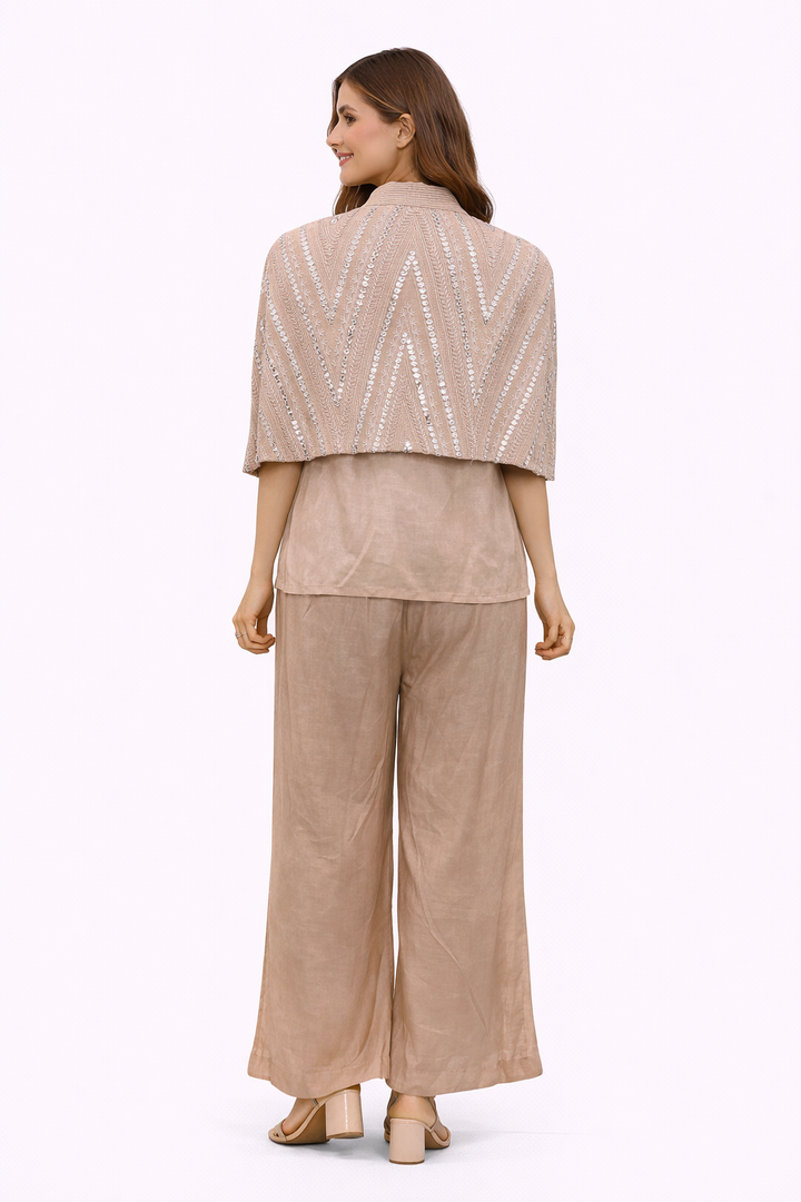 Blush Pink Mirrorwork Cape with Linen Satin Pants