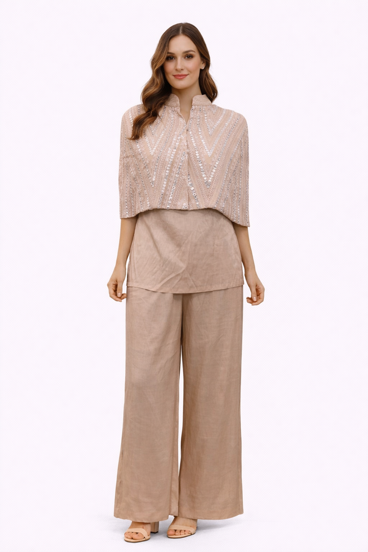 Blush Pink Mirrorwork Cape with Linen Satin Pants